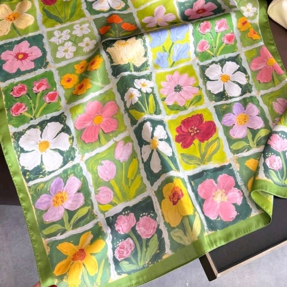 Floral Garden Green Yellow Pink Flowers Spring Summer Colorful Satin Scarf